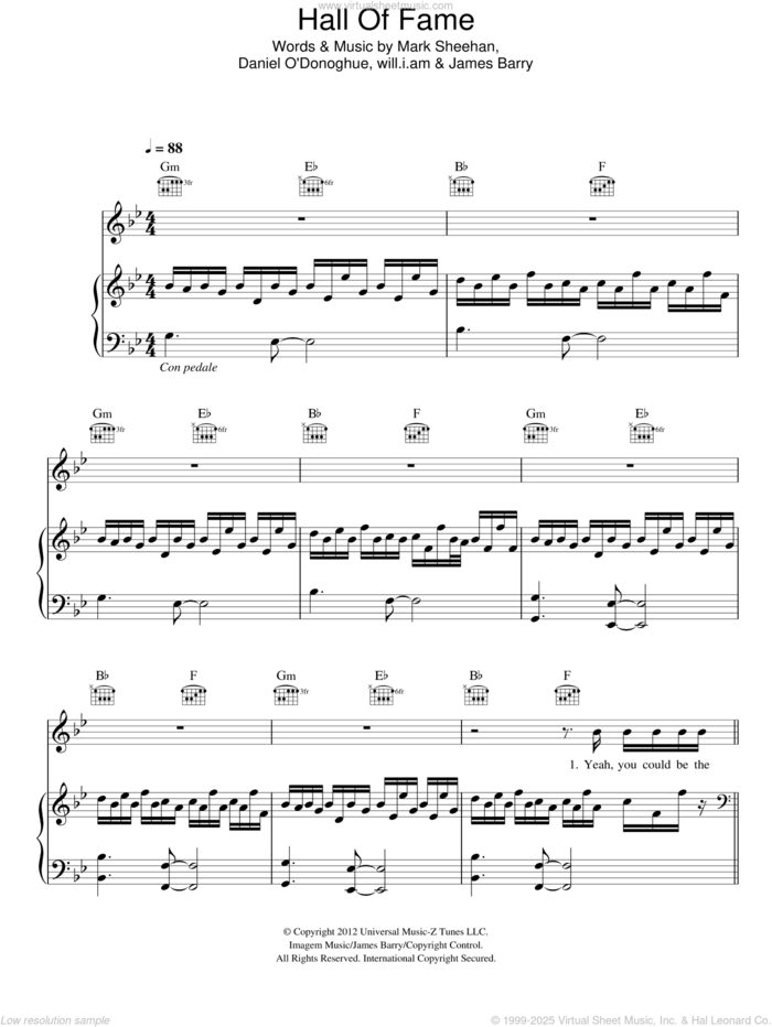 Hall Of Fame sheet music for voice, piano or guitar by The Script, James Barry, Mark Sheehan and Will.i.am, intermediate skill level