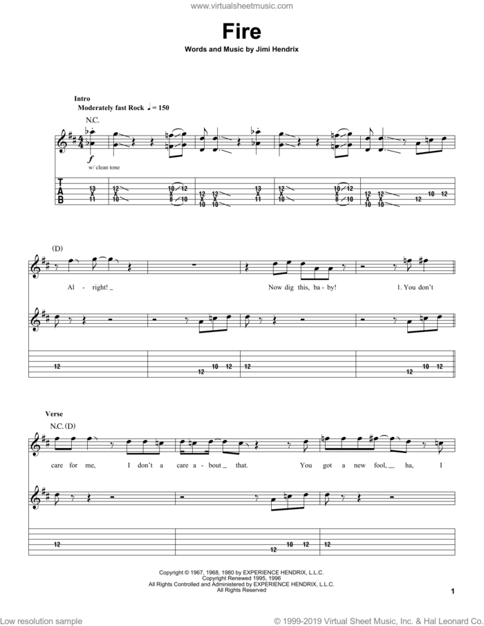 Fire sheet music for guitar (tablature, play-along) by Jimi Hendrix and Red Hot Chili Peppers, intermediate skill level