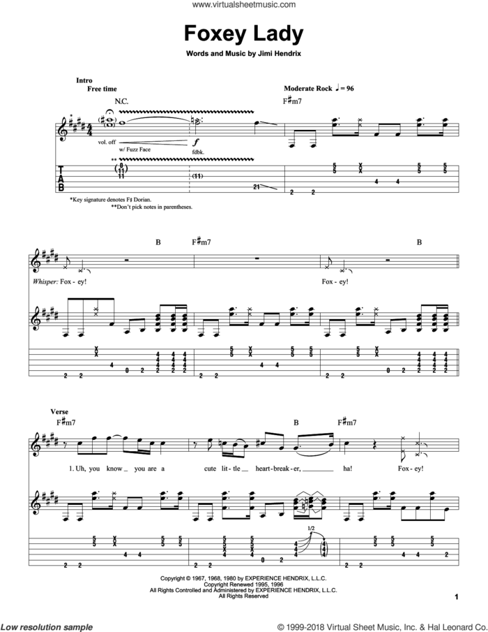 Foxey Lady sheet music for guitar (tablature, play-along) by Jimi Hendrix, intermediate skill level