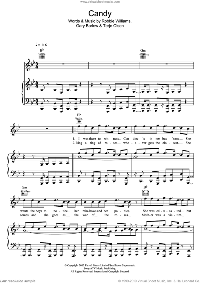 Candy sheet music for voice, piano or guitar by Robbie Williams, Gary Barlow and Terje Olsen, intermediate skill level