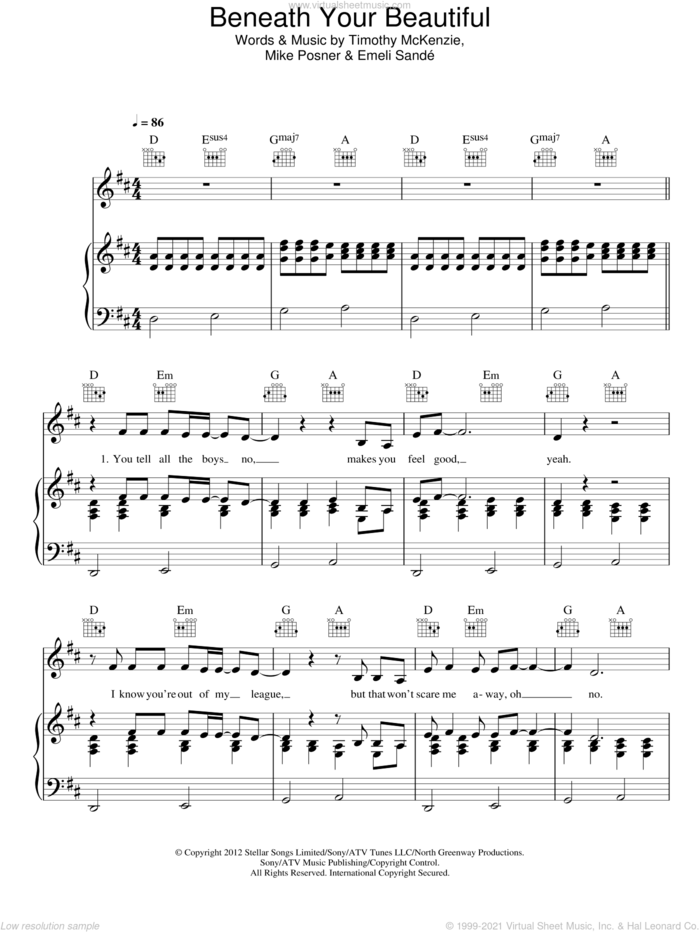 Beneath Your Beautiful sheet music for voice, piano or guitar by Labrinth Featuring Emeli Sande, Emeli Sande, Mike Posner and Timothy McKenzie, intermediate skill level