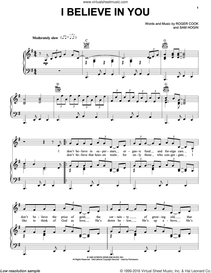 I Believe In You sheet music for voice, piano or guitar by Don Williams, Roger Cook and Sam Hogin, intermediate skill level