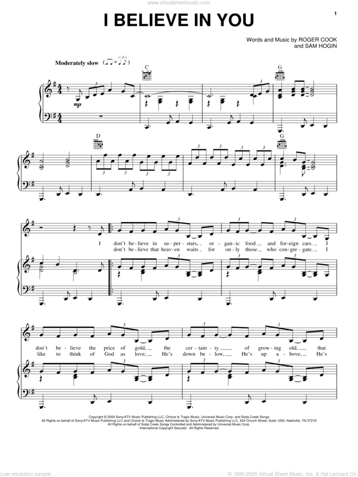 I Believe In You sheet music for voice, piano or guitar by Don Williams, Roger Cook and Sam Hogin, intermediate skill level