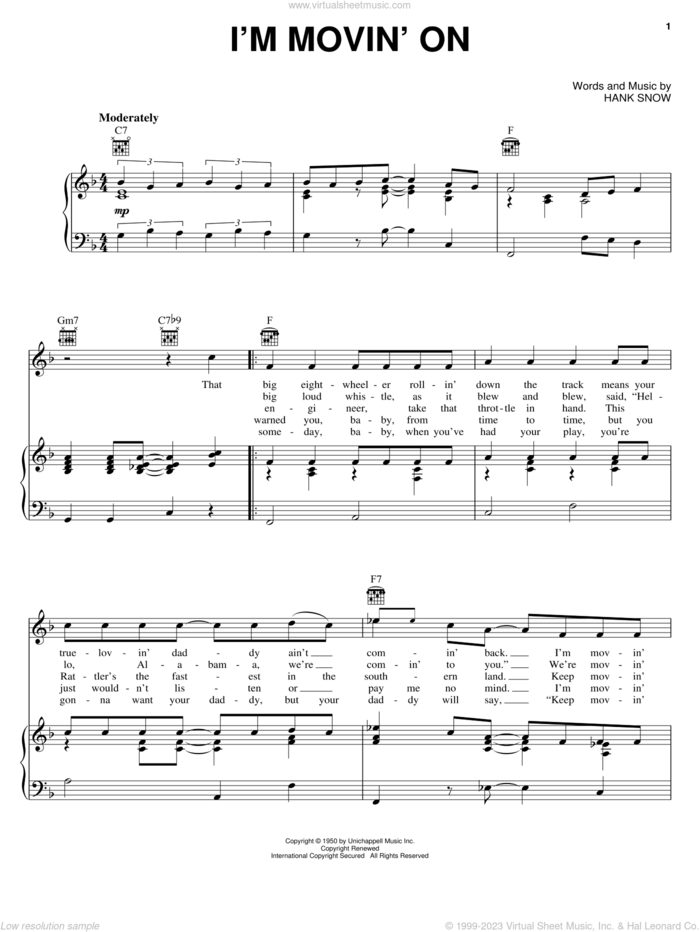 I'm Movin' On sheet music for voice, piano or guitar by Hank Snow, intermediate skill level