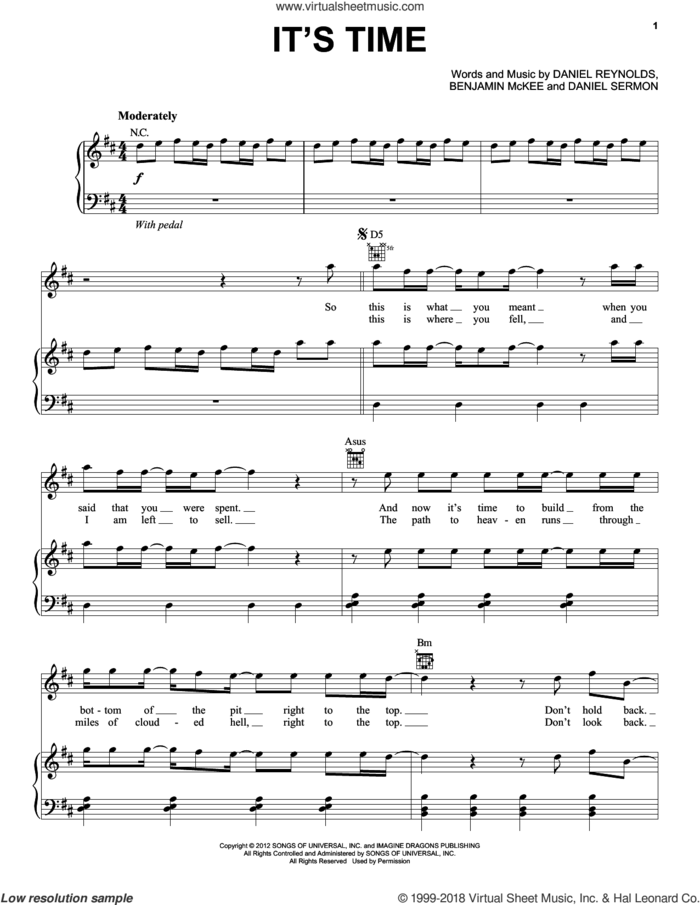 It's Time sheet music for voice, piano or guitar by Imagine Dragons, intermediate skill level