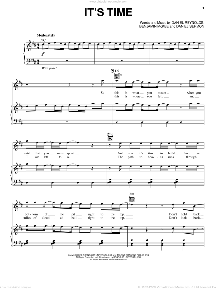 It's Time sheet music for voice, piano or guitar by Imagine Dragons, intermediate skill level