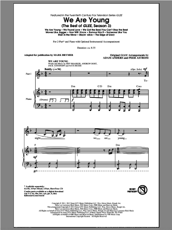We Are Young (The Best Of Glee Season 3) (Medley) sheet music for choir (2-Part) by Mark Brymer, Adam Anders, Glee Cast and Peer Astrom, intermediate duet