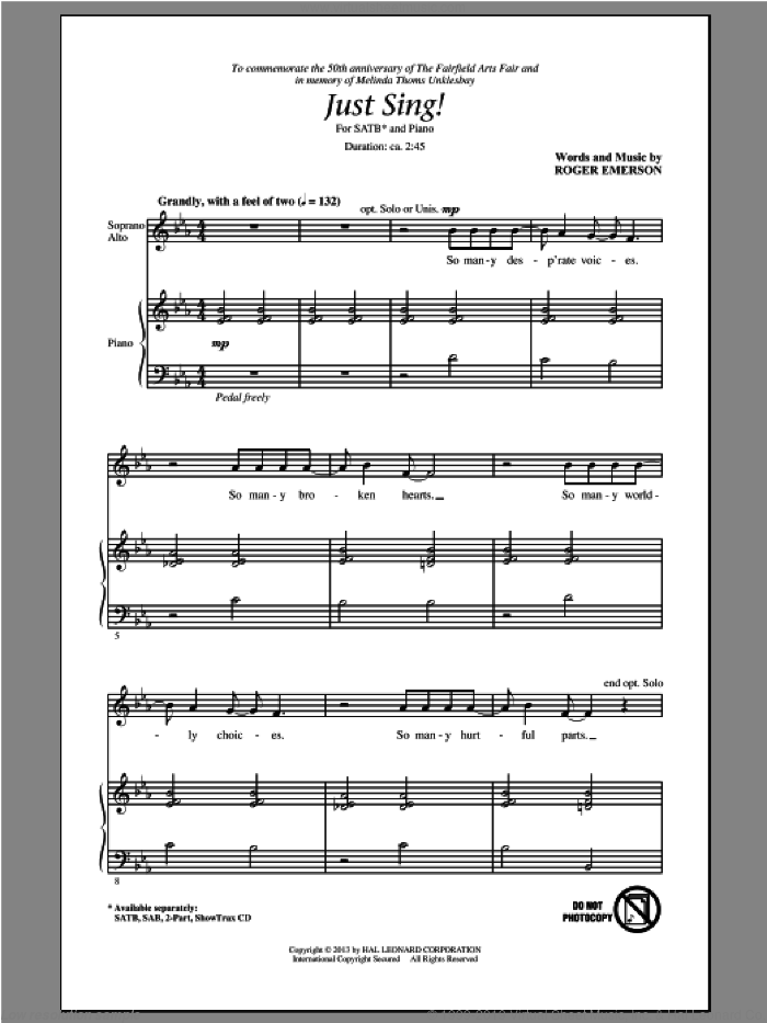 Just Sing sheet music for choir (SATB: soprano, alto, tenor, bass) by Roger Emerson, intermediate skill level