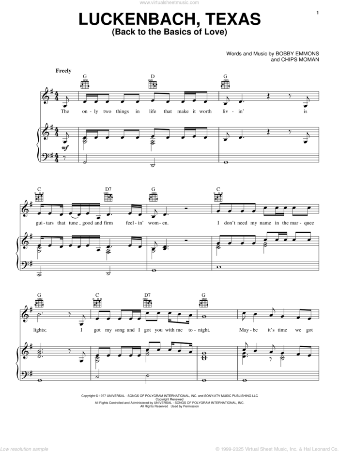 Luckenbach, Texas (Back To The Basics Of Love) sheet music for voice, piano or guitar by Waylon Jennings, Bobby Emmons and Chips Moman, intermediate skill level