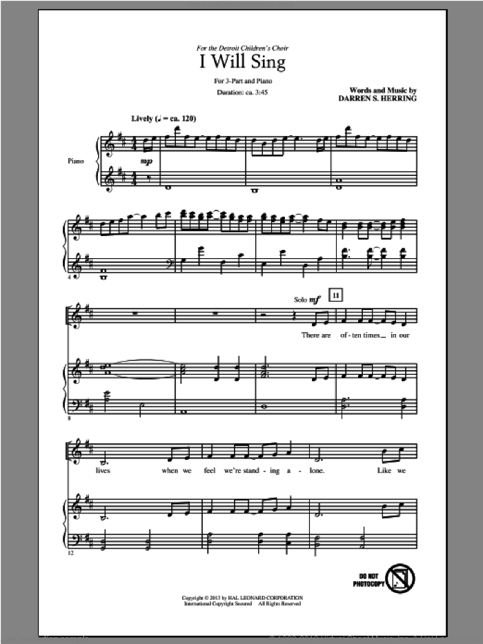 I Will Sing sheet music for choir (3-Part Treble) by Darren S. Herring, intermediate skill level