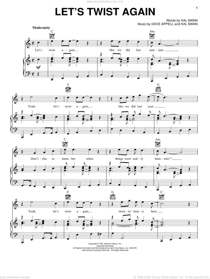 Let's Twist Again sheet music for voice, piano or guitar by Chubby Checker, Dave Appell and Kal Mann, intermediate skill level