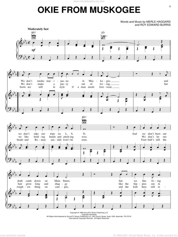 Okie From Muskogee sheet music for voice, piano or guitar by Merle Haggard and Roy Edward Burris, intermediate skill level