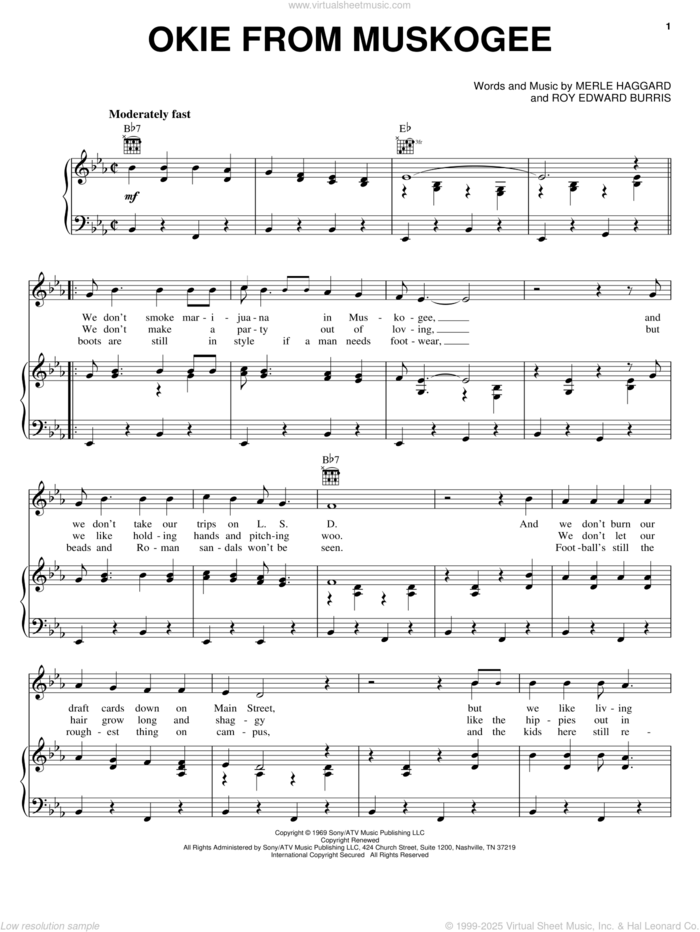 Okie From Muskogee sheet music for voice, piano or guitar by Merle Haggard and Roy Edward Burris, intermediate skill level