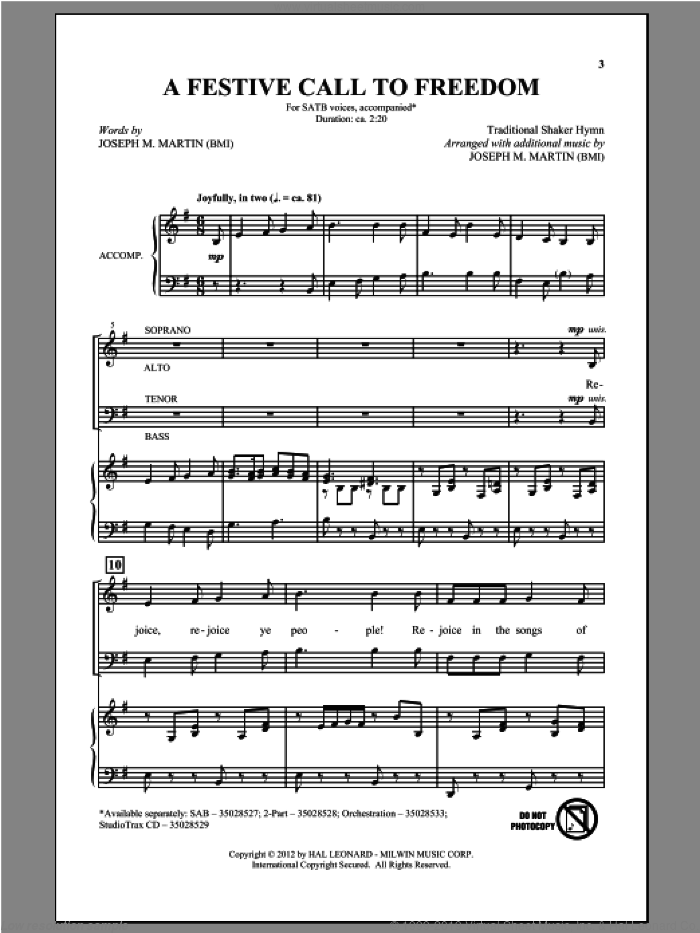 A Festive Call To Freedom sheet music for choir (SATB: soprano, alto, tenor, bass) by Joseph M. Martin, intermediate skill level