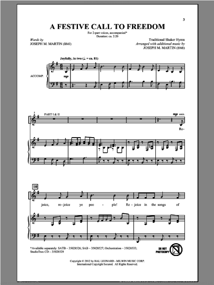 A Festive Call To Freedom sheet music for choir (2-Part) by Joseph M. Martin, intermediate duet