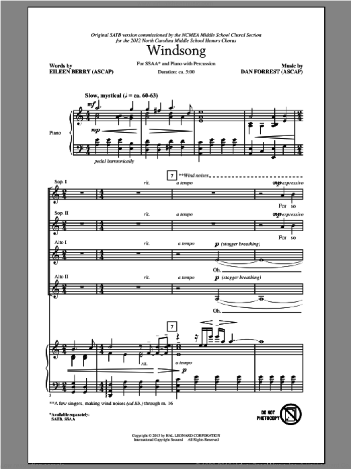 Windsong sheet music for choir (SSA: soprano, alto) by Dan Forrest and Eileen Berry, intermediate skill level