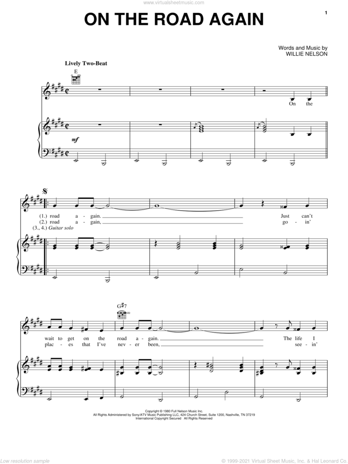 On The Road Again sheet music for voice, piano or guitar by Willie Nelson, intermediate skill level