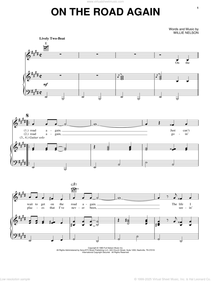 On The Road Again sheet music for voice, piano or guitar by Willie Nelson, intermediate skill level