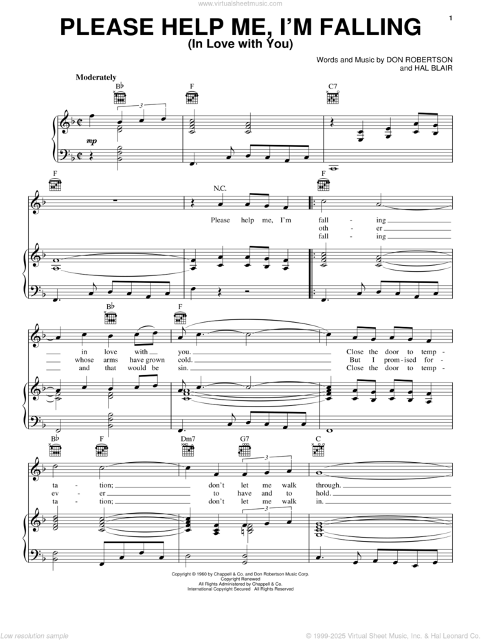 Please Help Me, I'm Falling (In Love With You) sheet music for voice, piano or guitar by Janie Fricke, Hank Locklin, Don Robertson and Hal Blair, intermediate skill level