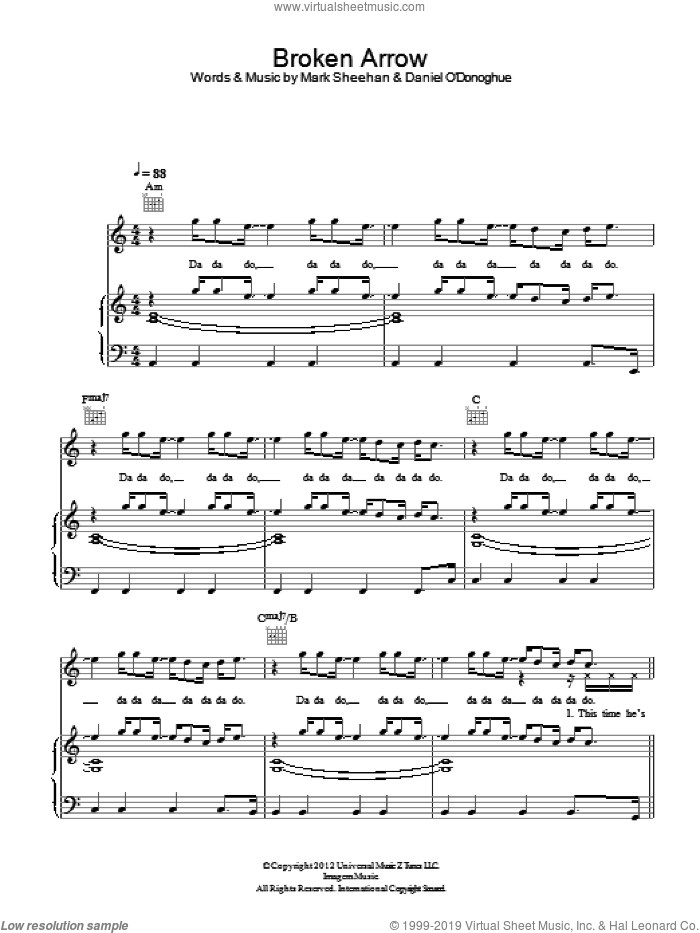 Broken Arrow sheet music for voice, piano or guitar by The Script and Mark Sheehan, intermediate skill level