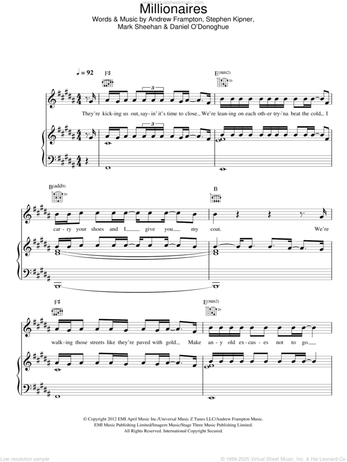 Millionaires sheet music for voice, piano or guitar by The Script, Andrew Frampton, Mark Sheehan and Steve Kipner, intermediate skill level