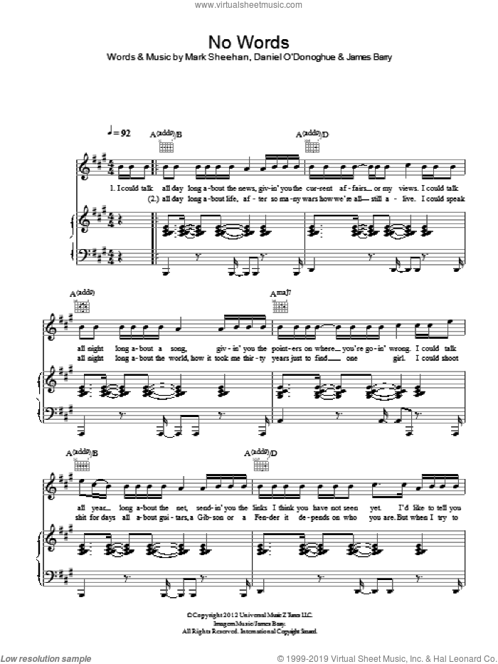 No Words sheet music for voice, piano or guitar by The Script, James Barry and Mark Sheehan, intermediate skill level