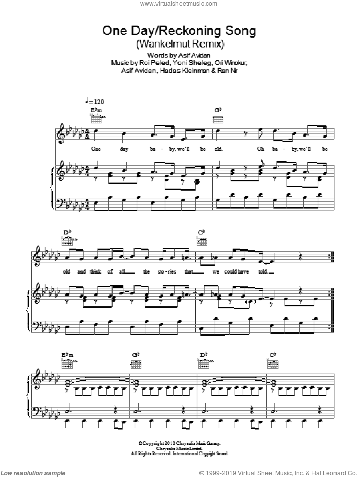 One Day/Reckoning Song (Wankelmut Remix) sheet music for voice, piano or guitar by Asif Avidan, Hadas Kleinman, Ori Winokur, Ran Nir, Roi Peled and Yoni Sheleg, intermediate skill level