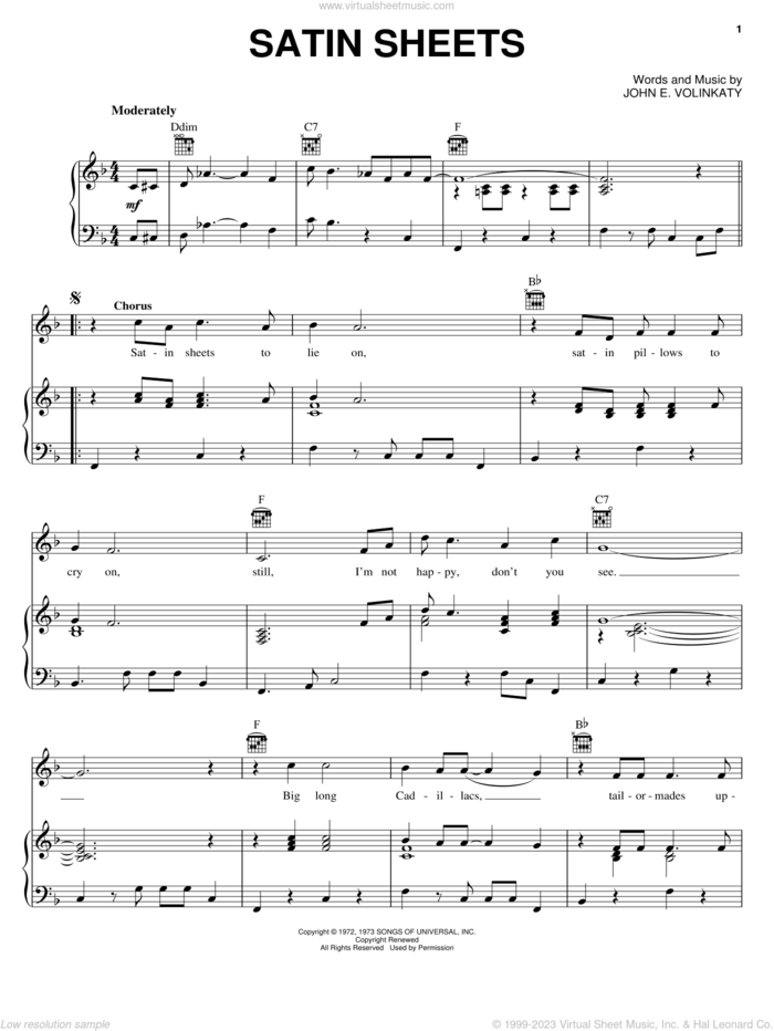 Satin Sheets sheet music for voice, piano or guitar by Jeanne Pruett and John E. Volinkaty, intermediate skill level
