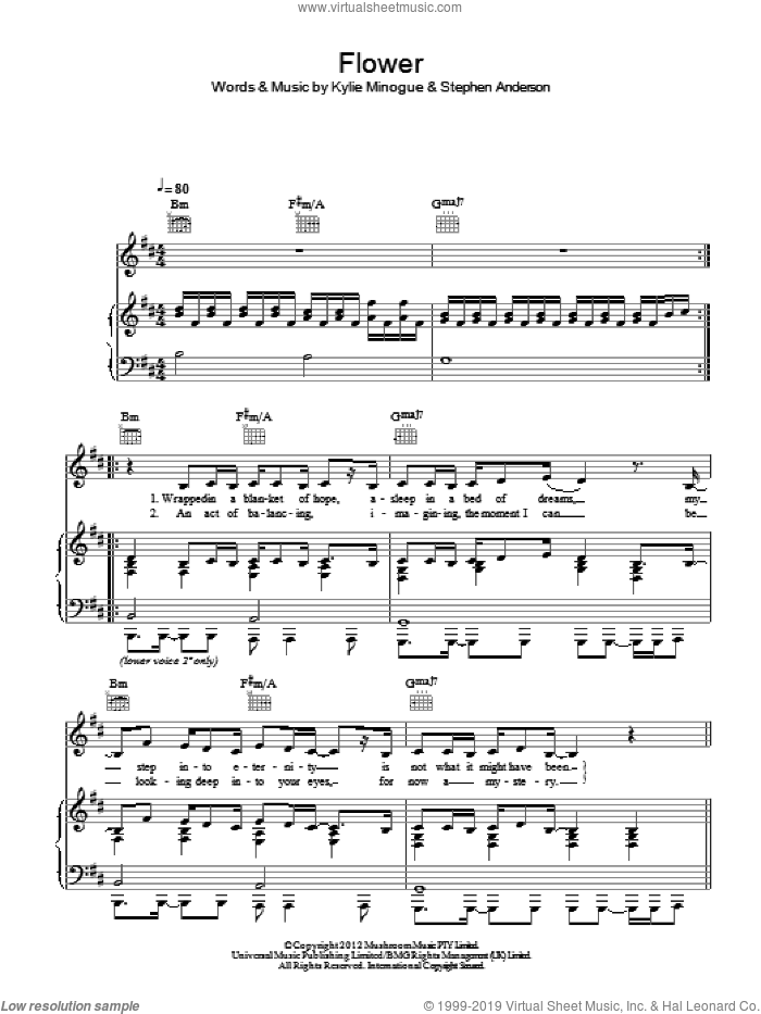 Flower sheet music for voice, piano or guitar by Kylie, Kylie Minogue and Stephen Anderson, intermediate skill level