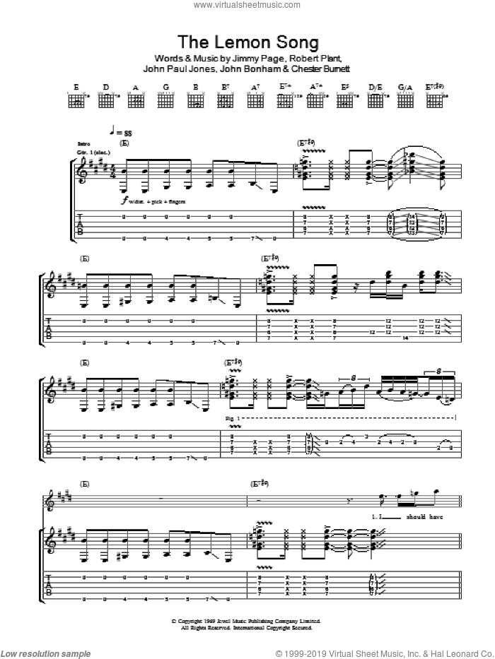 The Lemon Song sheet music for guitar (tablature) by Led Zeppelin, Chester Burnett, Jimmy Page, John Bonham, John Paul Jones and Robert Plant, intermediate skill level