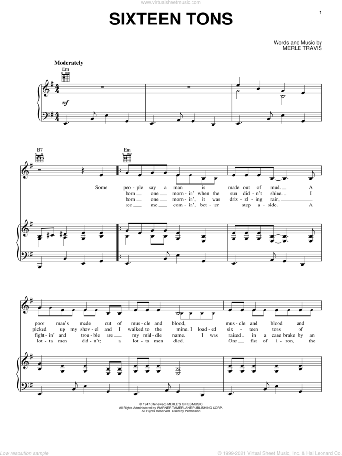 Sixteen Tons sheet music for voice, piano or guitar by Merle Travis and Tennessee Ernie Ford, intermediate skill level