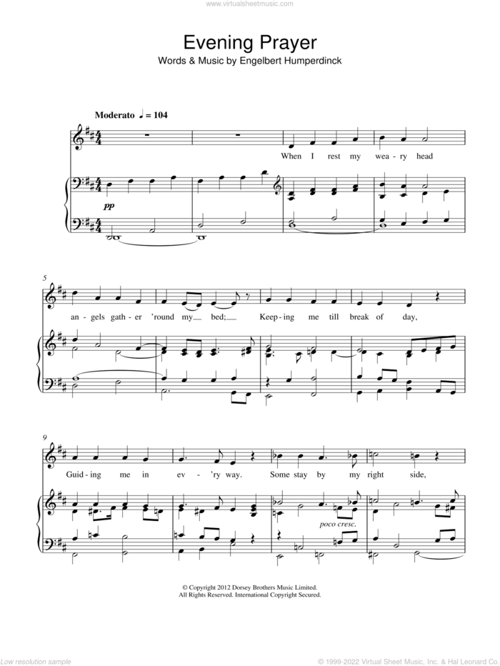 Evening Prayer sheet music for voice and piano by Engelbert Humperdinck, intermediate skill level