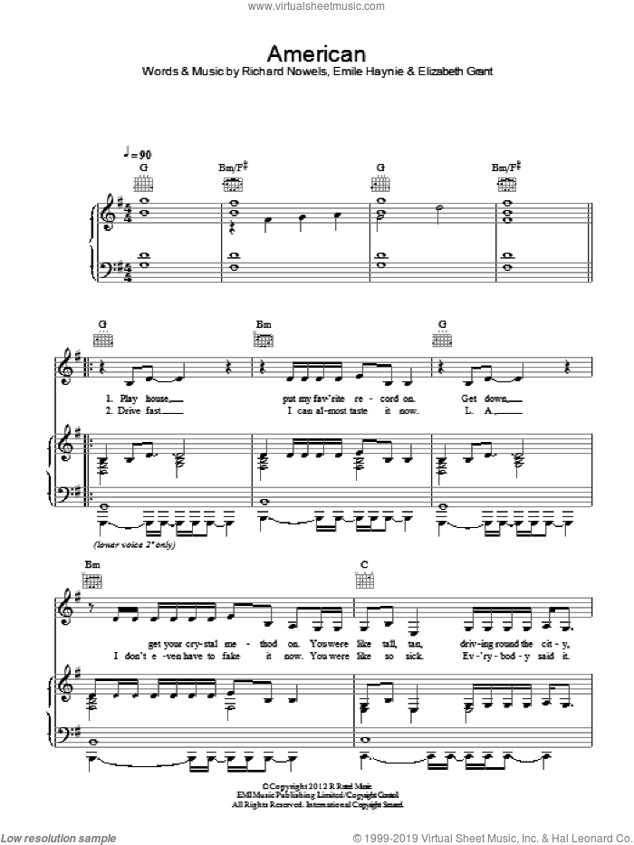 American sheet music for voice, piano or guitar by Lana Del Rey, Elizabeth Grant, Emile Haynie and Rick Nowels, intermediate skill level