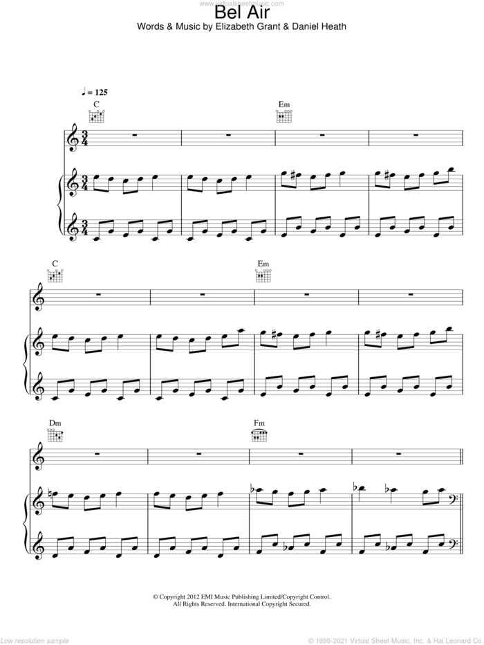 Bel Air sheet music for voice, piano or guitar by Lana Del Rey, Daniel Heath and Elizabeth Grant, intermediate skill level