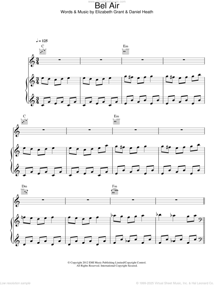 Bel Air sheet music for voice, piano or guitar by Lana Del Rey, Daniel Heath and Elizabeth Grant, intermediate skill level