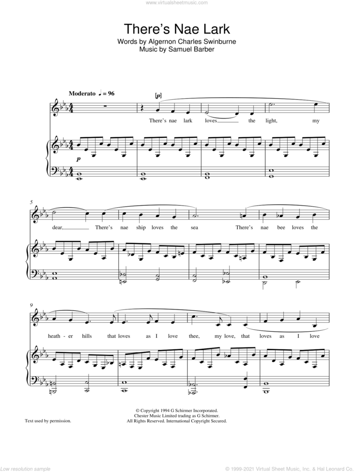 There's Nae Lark sheet music for voice and piano by Samuel Barber and Algernon Charles Swinburne, classical score, intermediate skill level