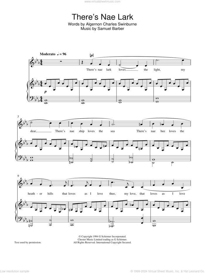 There's Nae Lark sheet music for voice and piano by Samuel Barber and Algernon Charles Swinburne, classical score, intermediate skill level