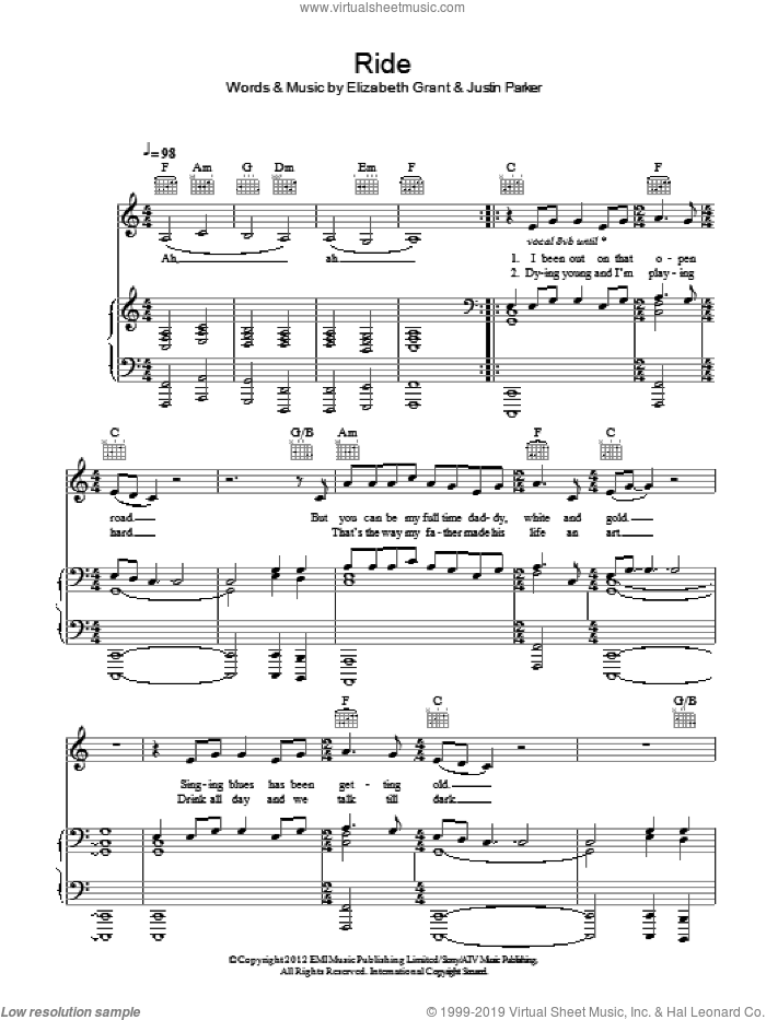 Ride sheet music for voice, piano or guitar by Lana Del Rey, Elizabeth Grant and Justin Parker, intermediate skill level