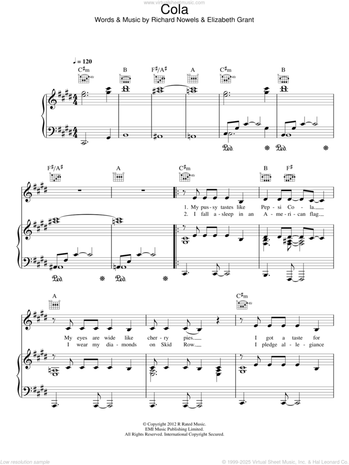 Cola sheet music for voice, piano or guitar by Lana Del Rey, Elizabeth Grant and Rick Nowels, intermediate skill level