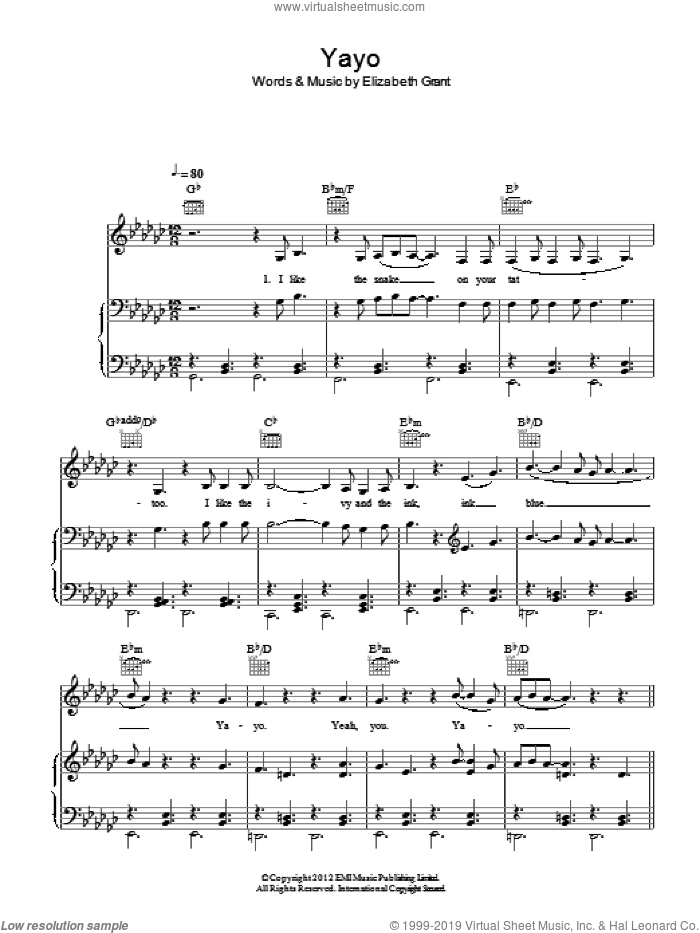 Yayo sheet music for voice, piano or guitar by Lana Del Rey and Elizabeth Grant, intermediate skill level