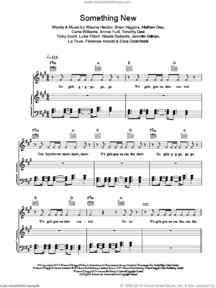 Something New sheet music for voice, piano or guitar by Girls Aloud, Annie Yuill, Brian Higgins, Carla Williams, Eliza Dodd-Noble, Florence Arnold, Jennifer Skillman, Lo Tove, Luke Fitton, Matthew Gray, Nicola Roberts, Timothy Deal, Toby Scott and Wayne Hector, intermediate skill level