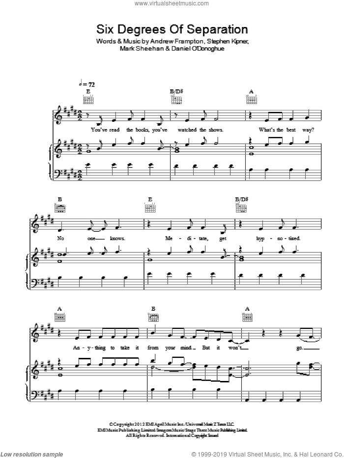 Six Degrees Of Separation sheet music for voice, piano or guitar by The Script, Andrew Frampton, Mark Sheehan and Steve Kipner, intermediate skill level