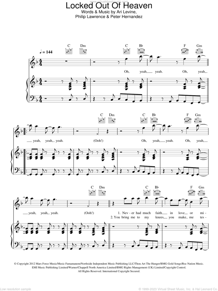 Locked Out Of Heaven sheet music for voice, piano or guitar by Bruno Mars, Ari Levine, Peter Hernandez and Philip Lawrence, intermediate skill level