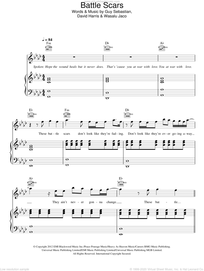 Battle Scars sheet music for voice, piano or guitar by Guy Sebastian Featuring Lupe Fiasco, David Harris, Guy Sebastian and Wasalu Jaco, intermediate skill level