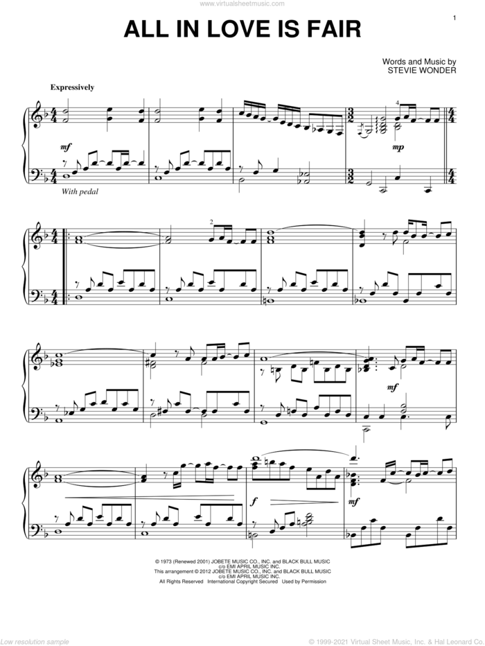 All In Love Is Fair sheet music for piano solo by Stevie Wonder, intermediate skill level