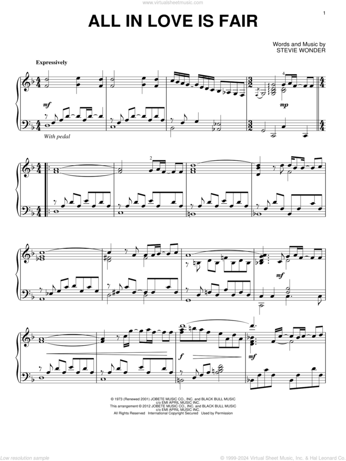 All In Love Is Fair sheet music for piano solo by Stevie Wonder, intermediate skill level