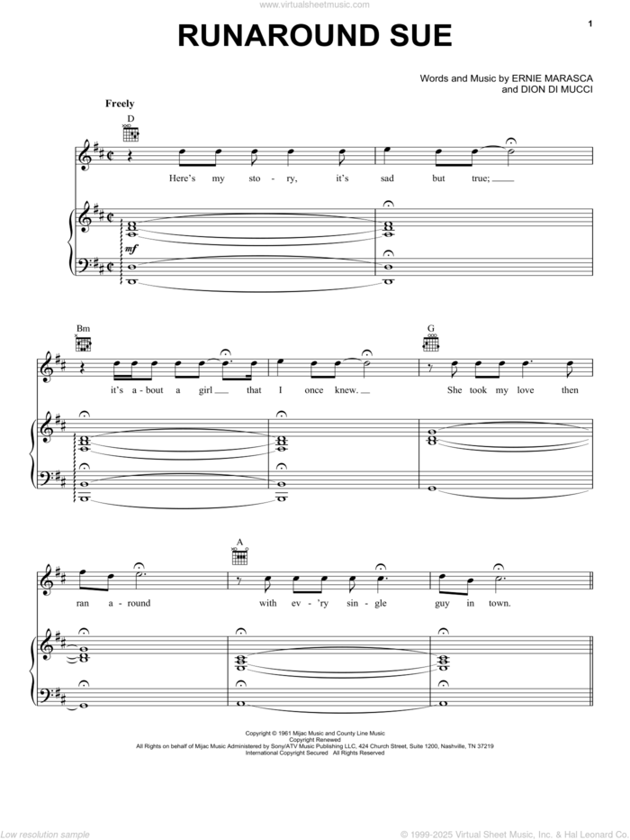 Runaround Sue sheet music for voice, piano or guitar by Dion, Dion Di Mucci and Ernie Maresca, intermediate skill level