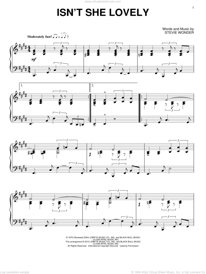 Isn't She Lovely sheet music for piano solo by Stevie Wonder, intermediate skill level