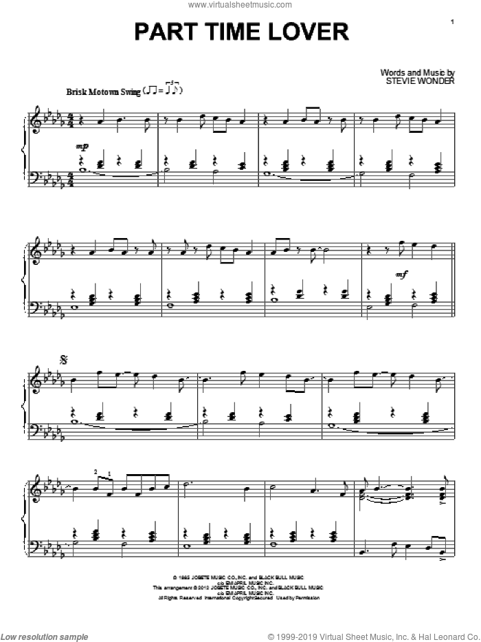 Part Time Lover sheet music for piano solo by Stevie Wonder, intermediate skill level
