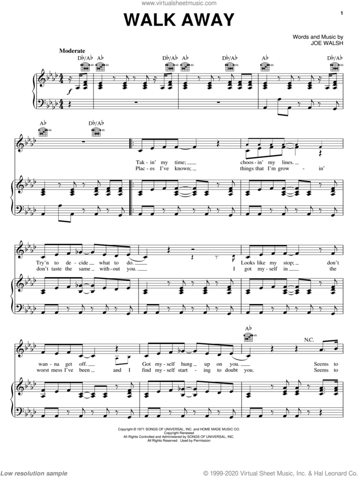 Walk Away sheet music for voice, piano or guitar by The James Gang and Joe Walsh, intermediate skill level
